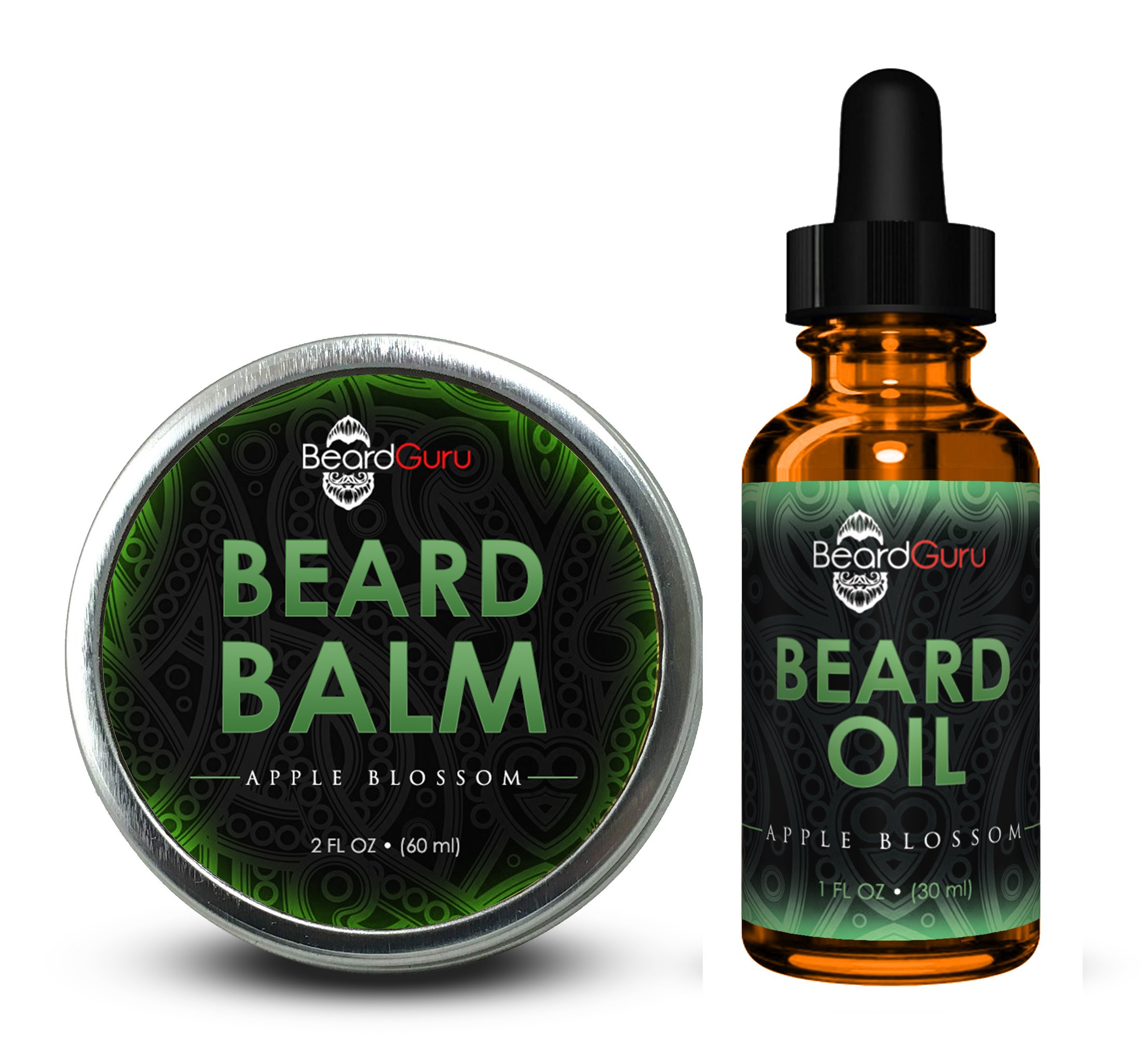 BeardGuru AppleBlossom Beard Oil bottle with a fresh apple and sage background, showcasing its premium quality.