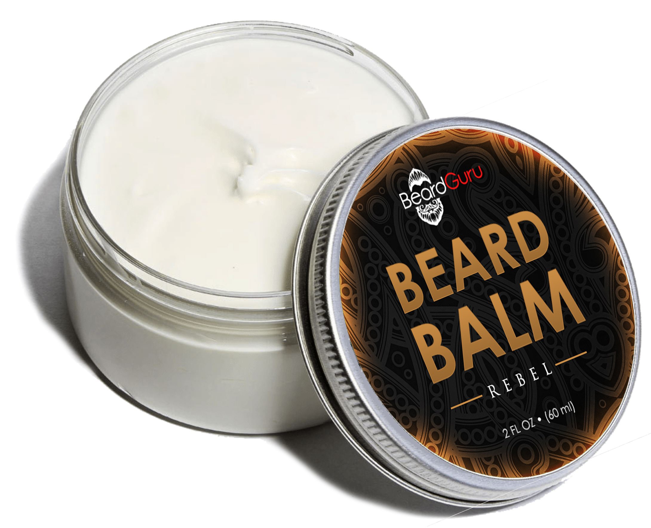 BeardGuru Premium Beard Balm: Rebel in a stylish container, showcasing its rich texture and natural ingredients.