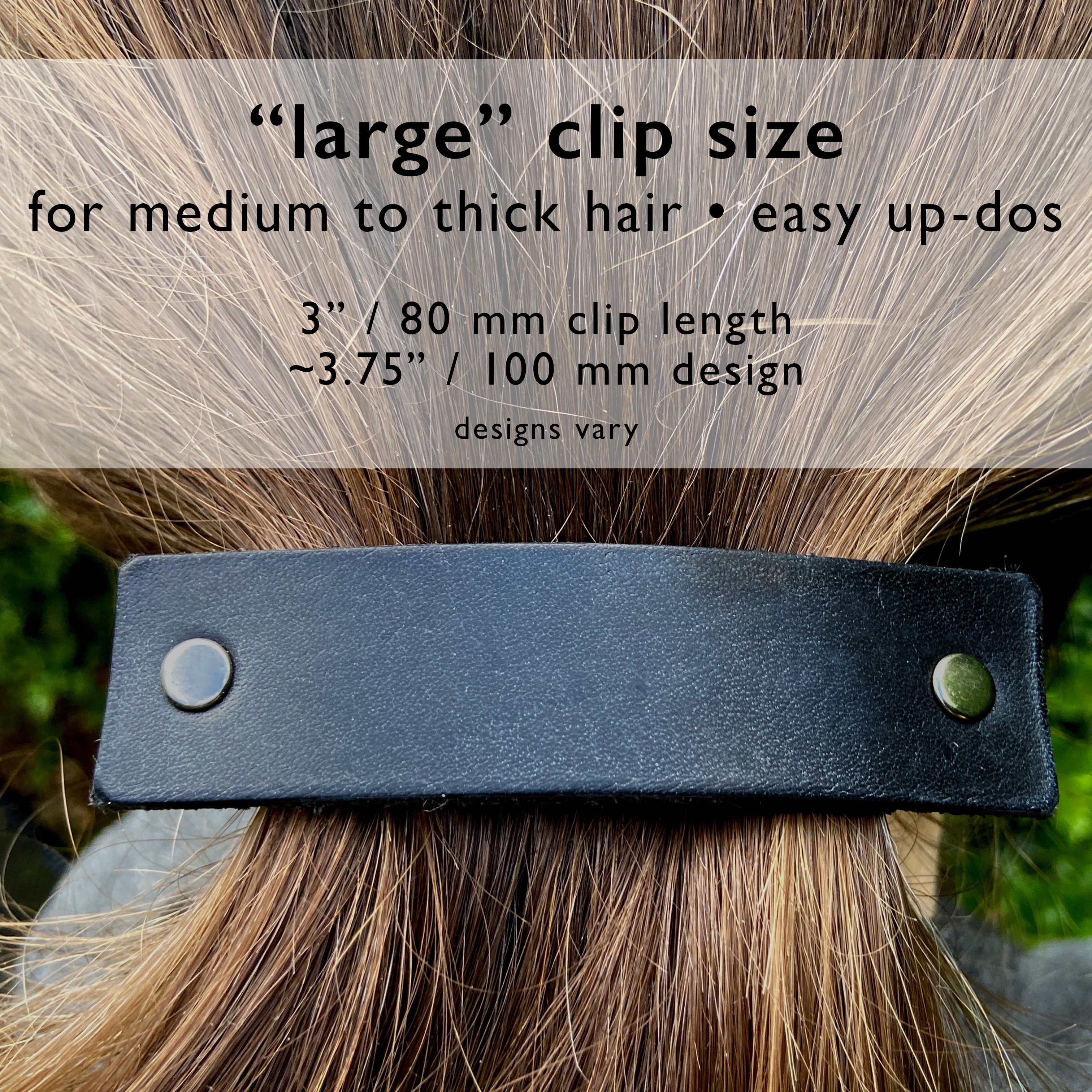 Black leather barrette with industrial hex hardware, showcasing eco-friendly design and sturdy metal clip.