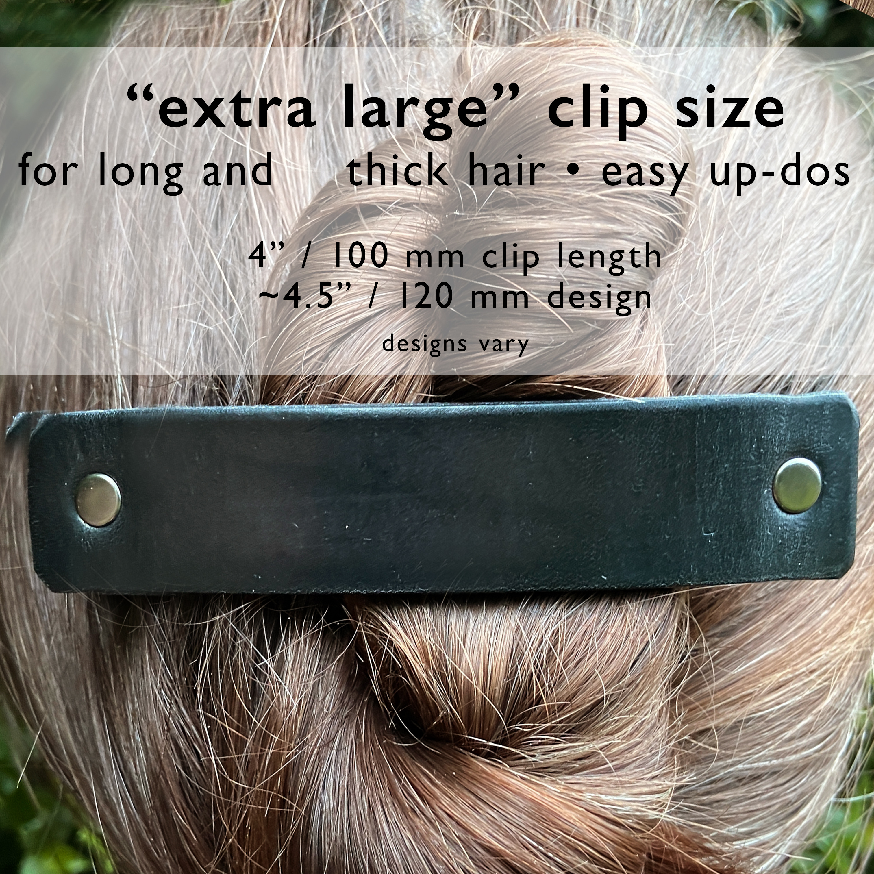 Black leather barrette with industrial hex hardware, showcasing eco-friendly design and sturdy metal clip.