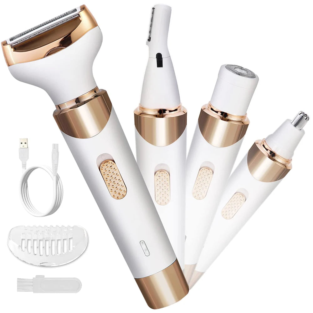 A compact electric body epilator for women, featuring multiple heads for versatile hair removal including bikini, face, and body hair.