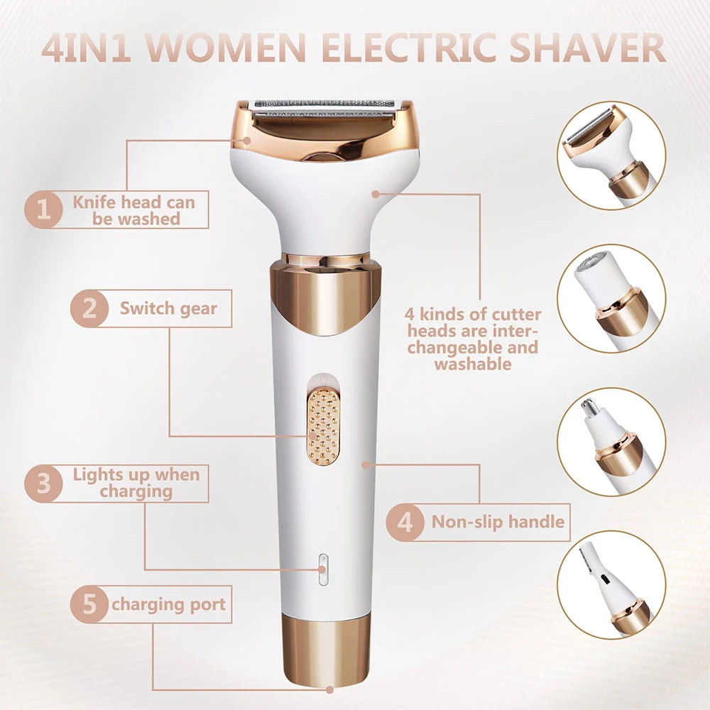 A compact electric body epilator for women, featuring multiple heads for versatile hair removal including bikini, face, and body hair.