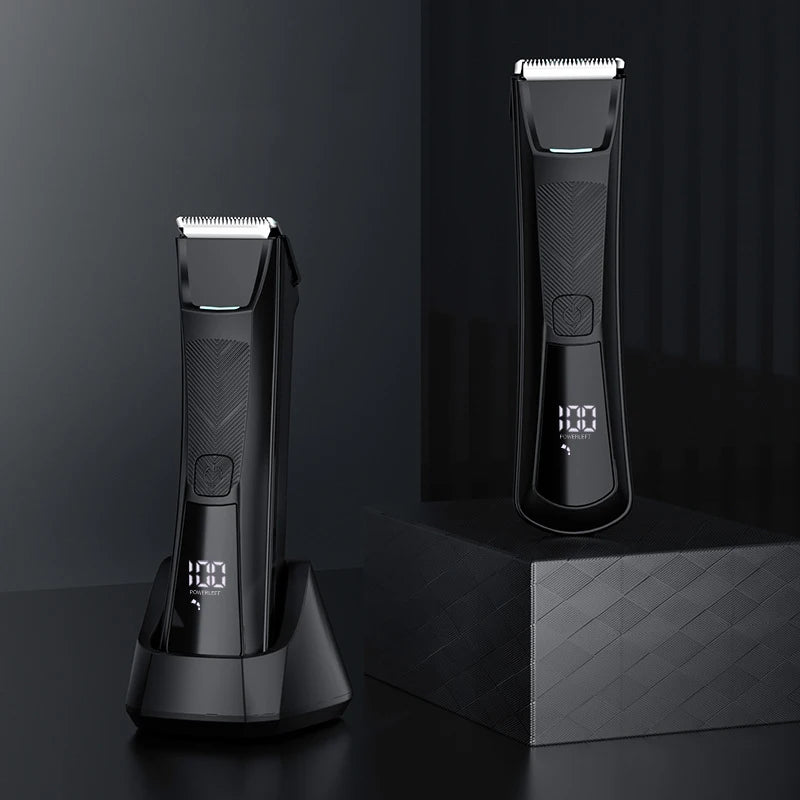 Electric body hair trimmer for men, designed for safe pubic hair removal with a sleek ergonomic design and waterproof features.