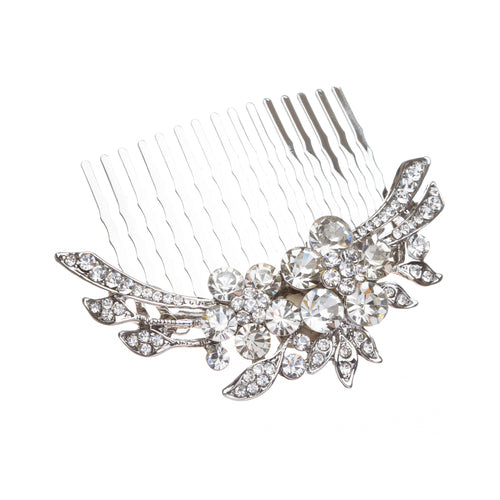 Bridal Wedding Jewelry Crystal Rhinestone Duo Flowers Hair Comb Pin featuring elegant floral design with clear rhinestones and silver plating.