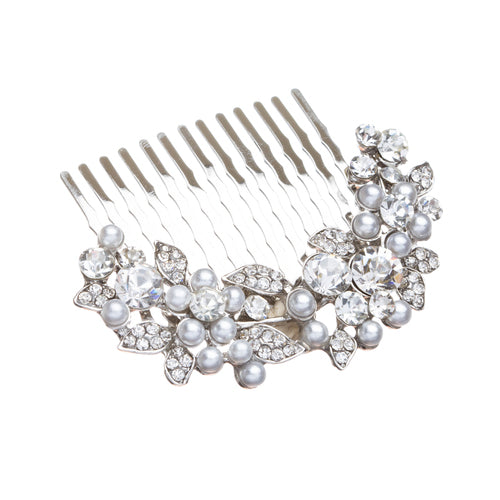 Bridal hair comb pin featuring floral design with crystal rhinestones and faux pearls, elegantly crafted in silver plating.