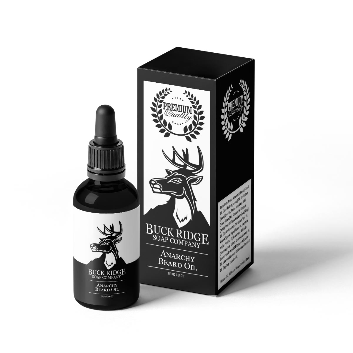 Buck Ridge Anarchy Premium Beard Oil in a black glass dropper bottle, showcasing its rich, golden oil and elegant packaging.