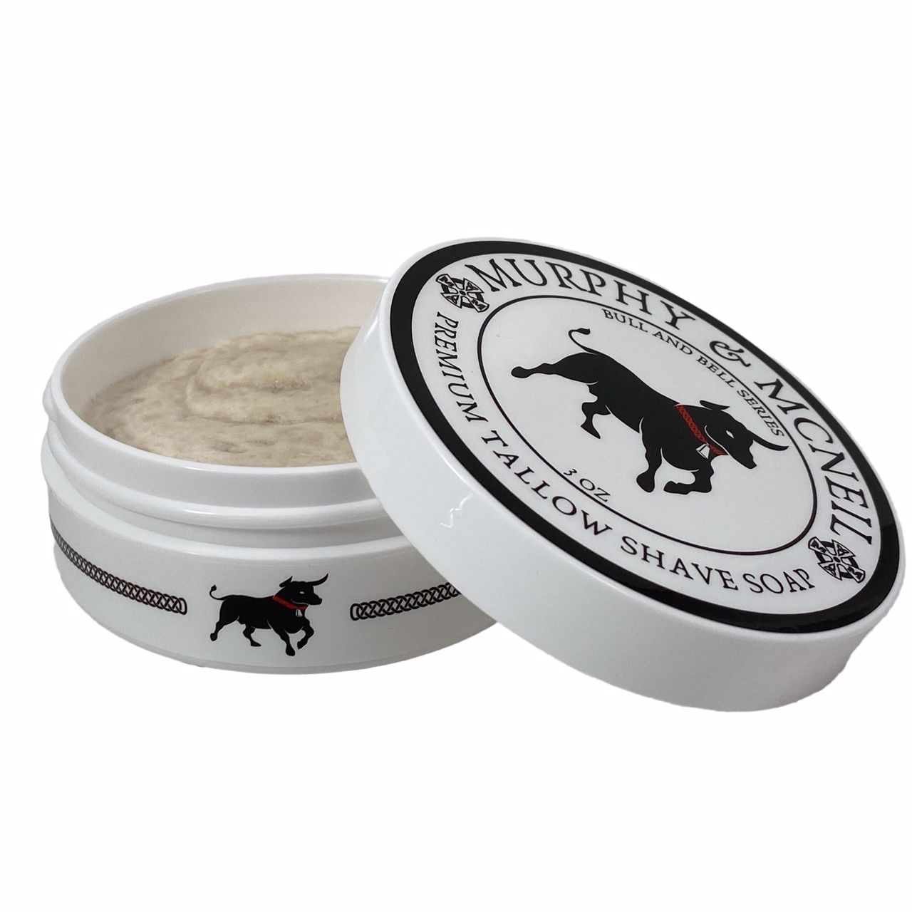 Bull and Bell Bay Rum Shaving Soap by Murphy and McNeil in a round container, showcasing its creamy texture and classic branding.