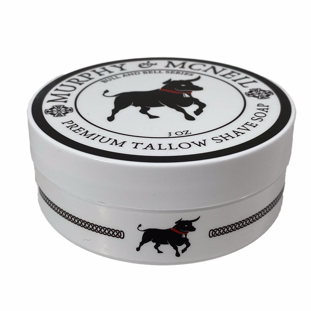 Bull and Bell Bay Rum Shaving Soap by Murphy and McNeil in a round container, showcasing its creamy texture and classic branding.