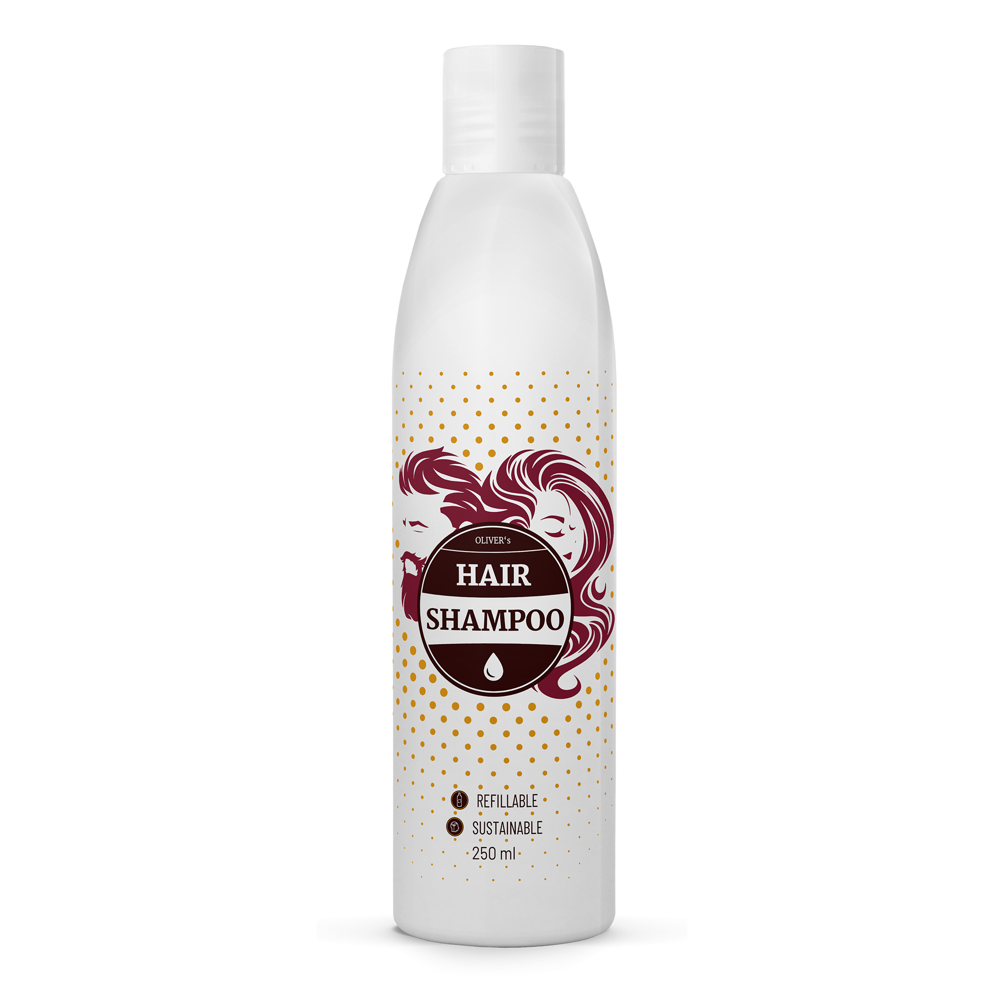 Bottle of CALMING Hair Shampoo with flaxseed and fruit acids, designed for fine and sensitive hair care.