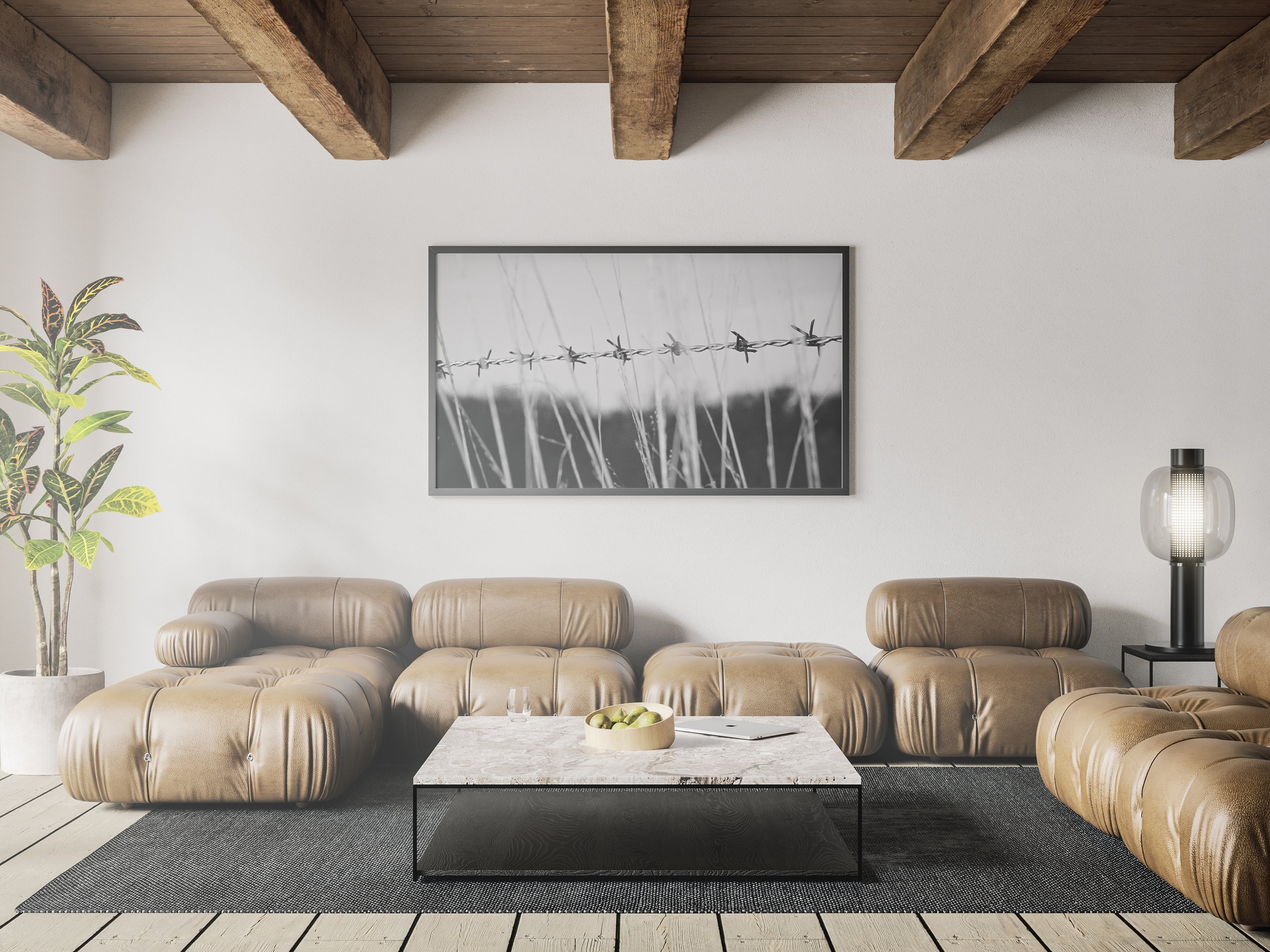 A striking canvas wall art featuring a barbed wire design, showcasing modern decor aesthetics.