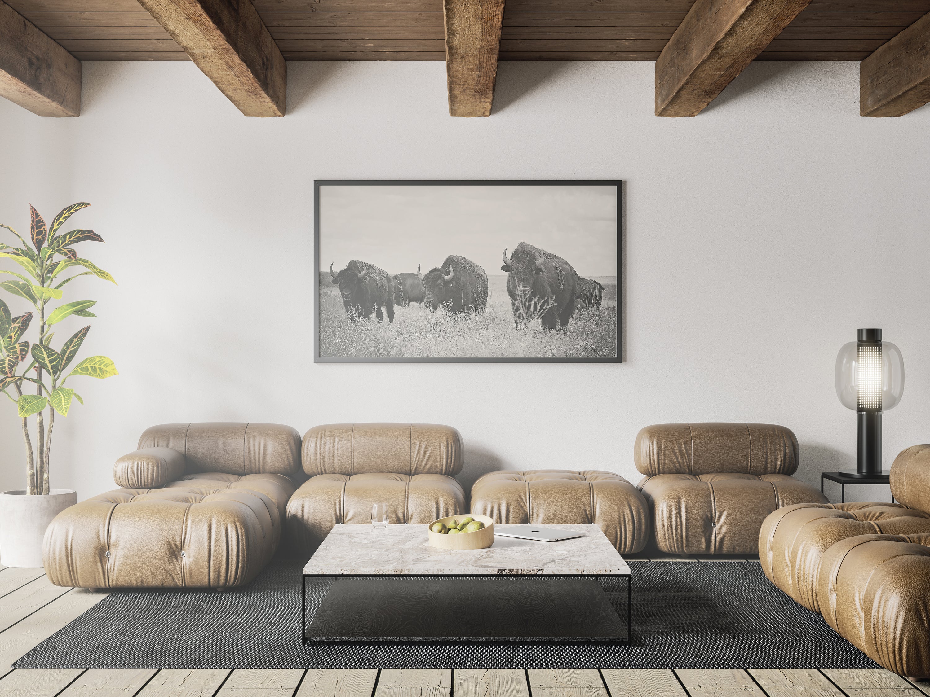 Black and white canvas wall art featuring a majestic bison, showcasing intricate details and textures.