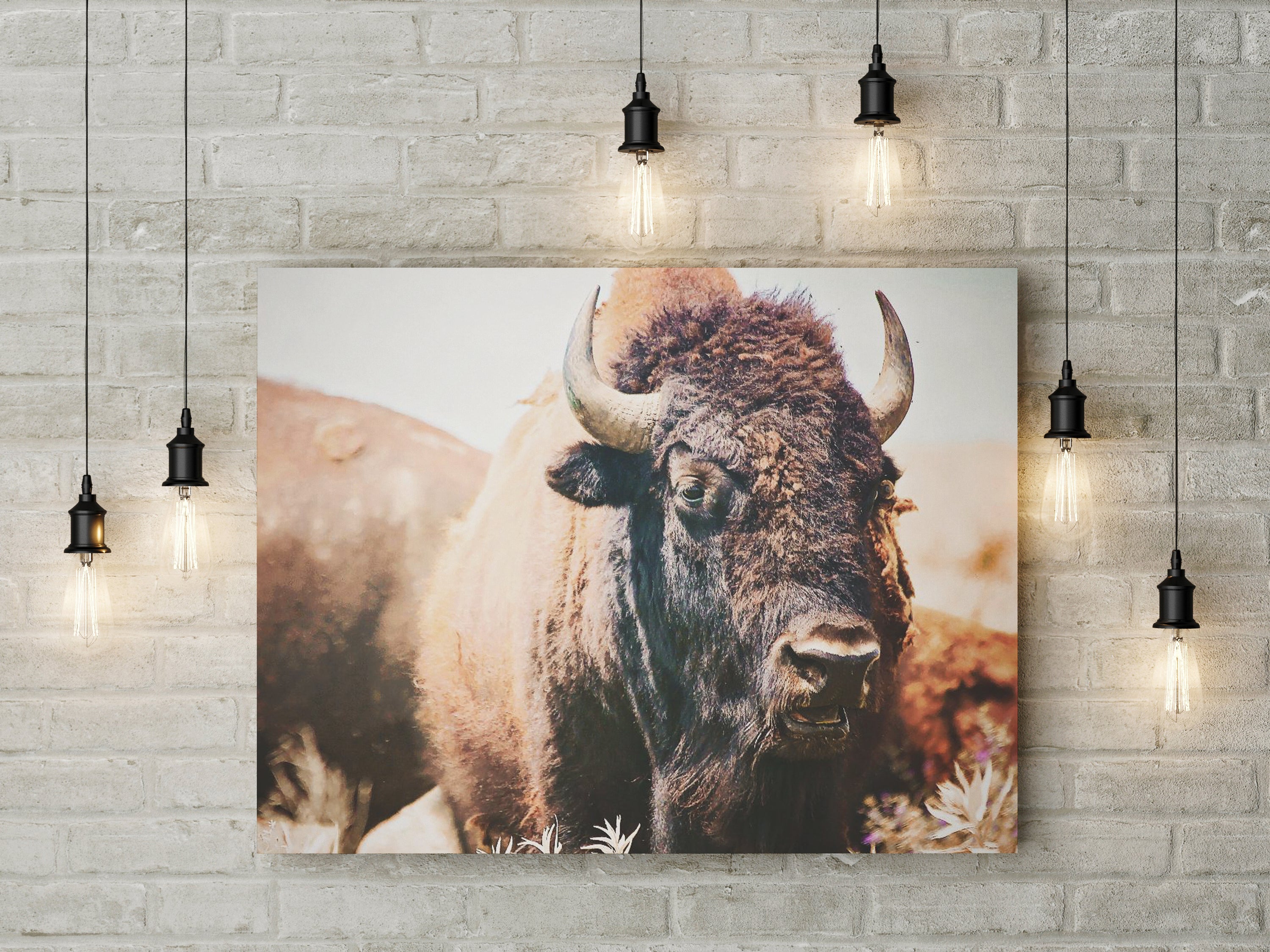 Close-up view of a bison on canvas wall art, showcasing its detailed features and vibrant colors.