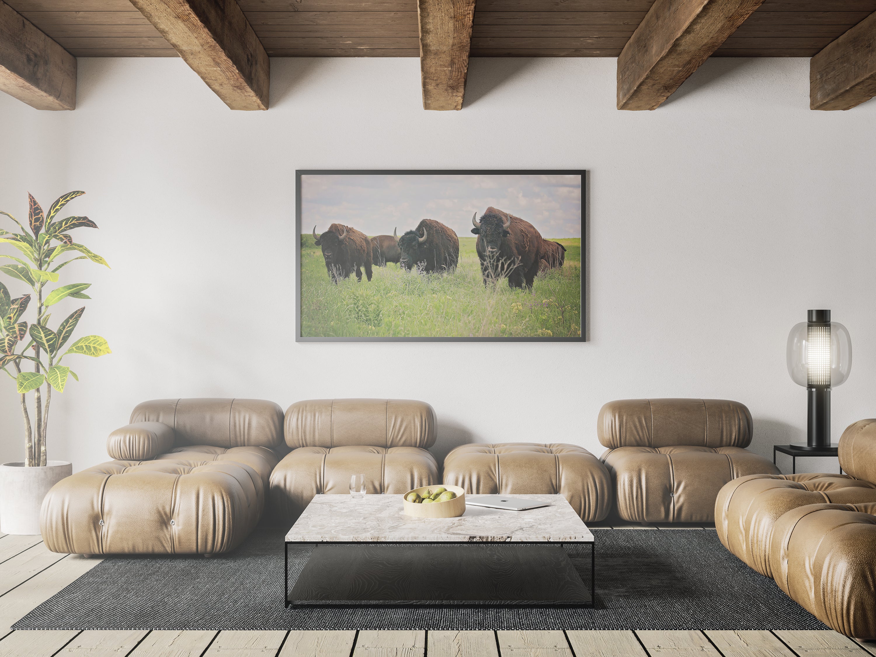 A vibrant canvas wall art featuring a majestic bison, showcasing intricate details and rich colors, perfect for home decor.