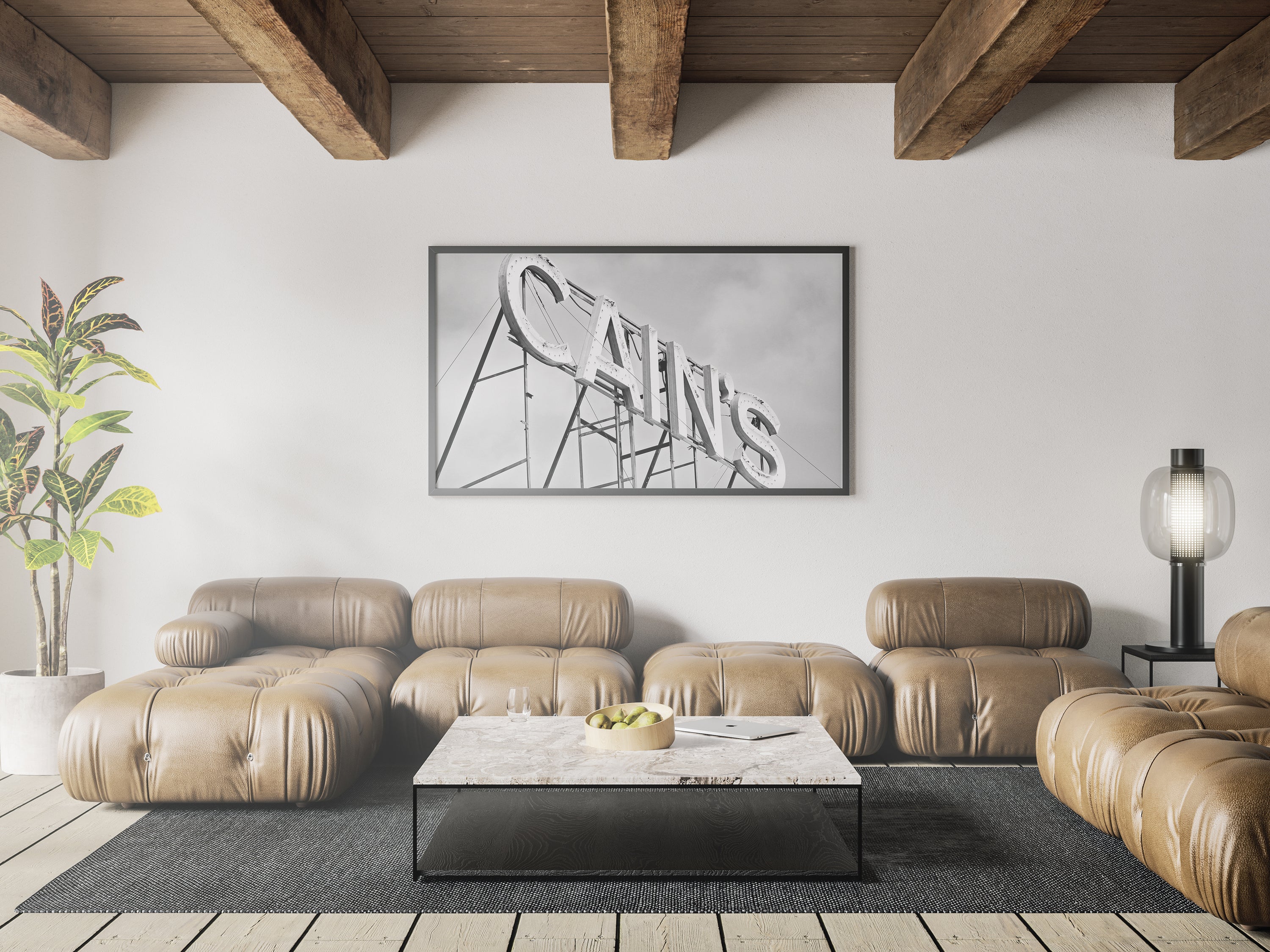 Black and white canvas wall art featuring Cain's Ballroom, showcasing its iconic architecture and ambiance.