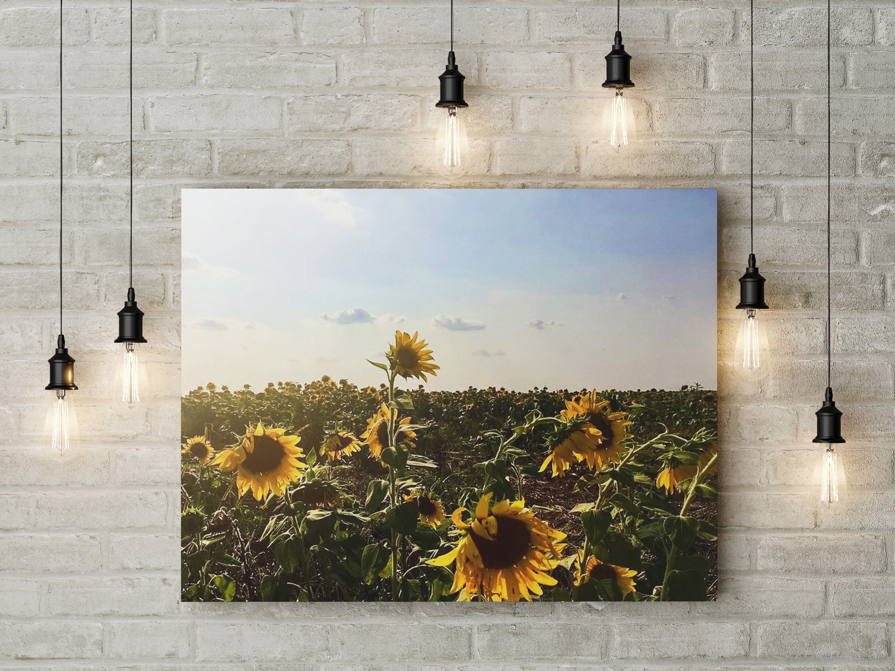 Vibrant canvas wall art featuring bright sunflowers against a neutral background, perfect for home decor.