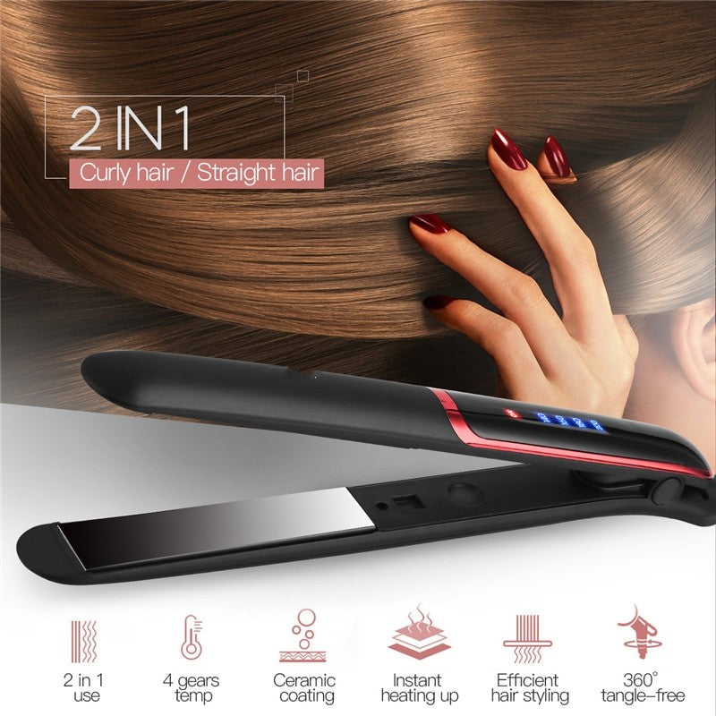 Ceramic Hair Straightener Electric Hair Curler Flat Iron with LED Display, showcasing its sleek design and ceramic plates for smooth styling.