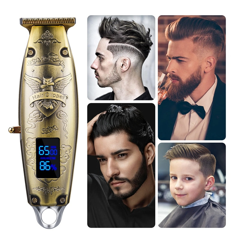 Chargeable Electric Hair Cutting Machine with stainless steel blade and LED display, designed for men's hair and beard grooming.