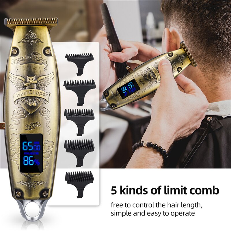 Chargeable Electric Hair Cutting Machine with stainless steel blade and LED display, designed for men's hair and beard grooming.