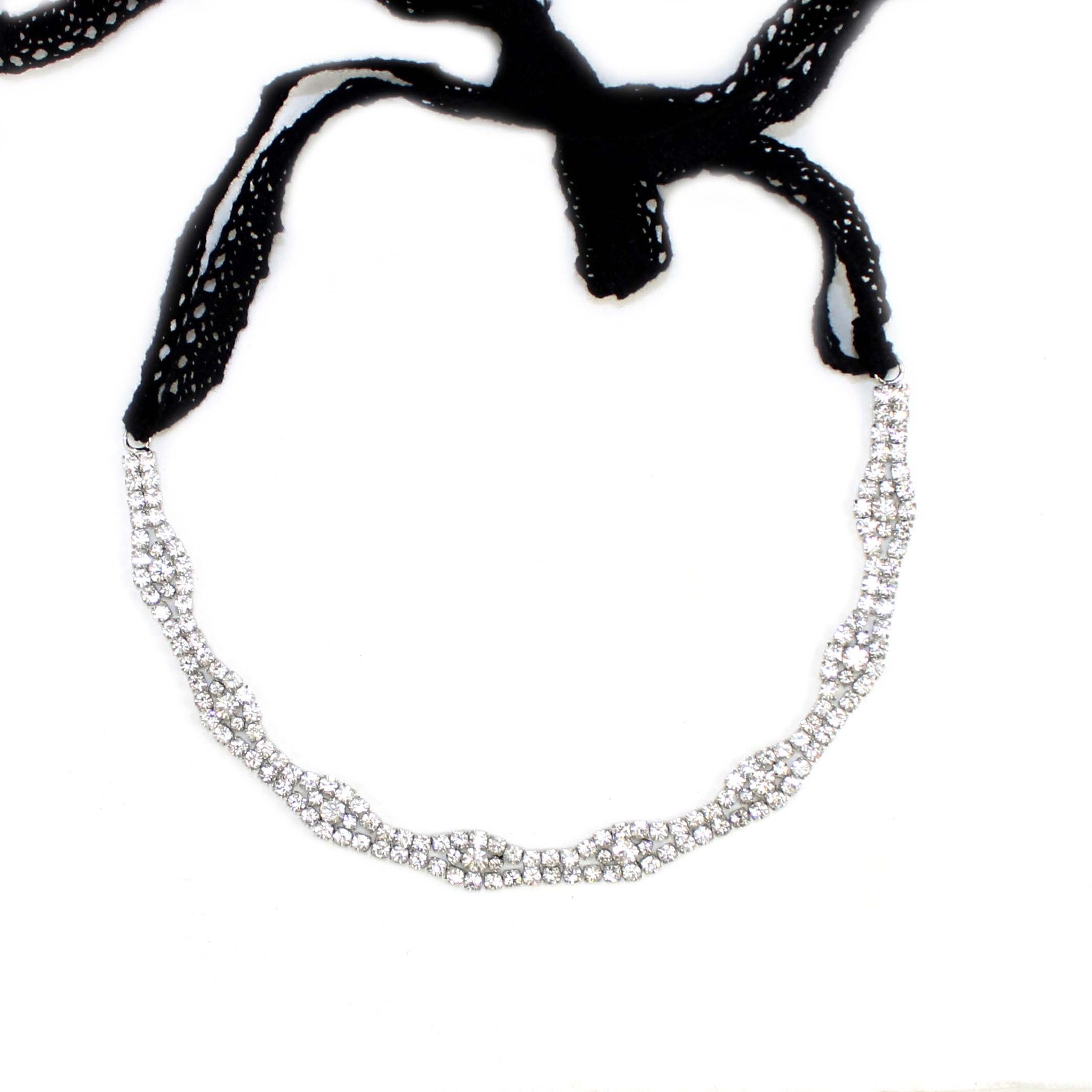 Classic Crystal Headband featuring silver chain and sparkling rhinestones, adjustable with black cotton lace ties.