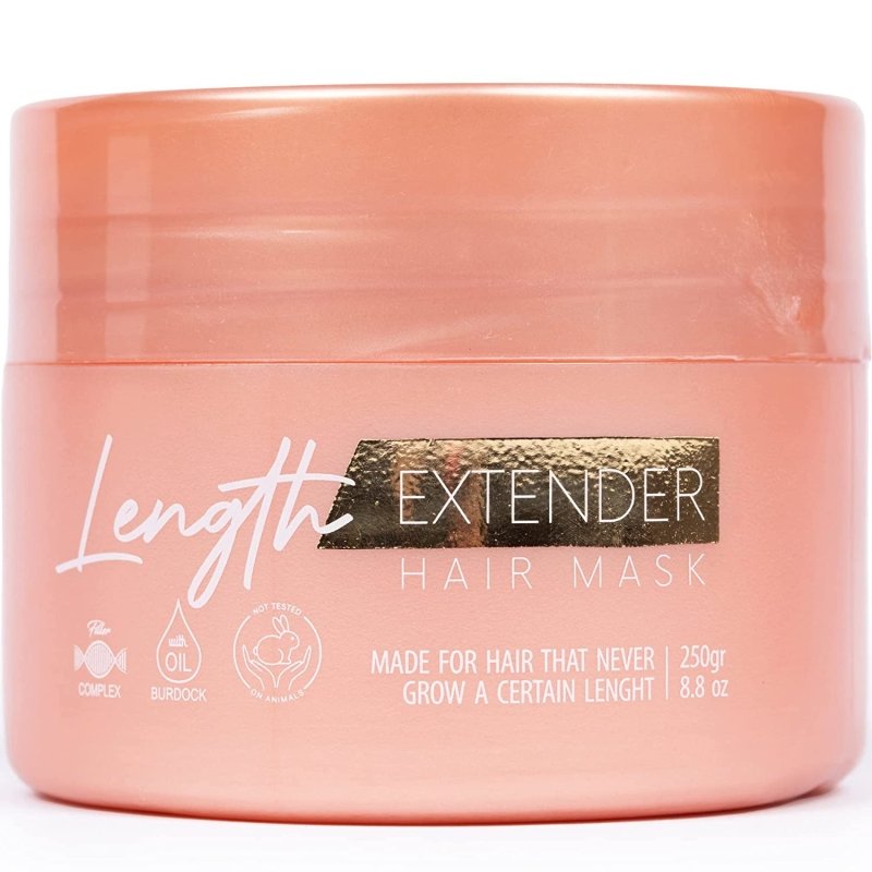 Length Extender Hair Mask 8.8 oz with a sleek design, showcasing its nourishing ingredients for hair growth and repair.