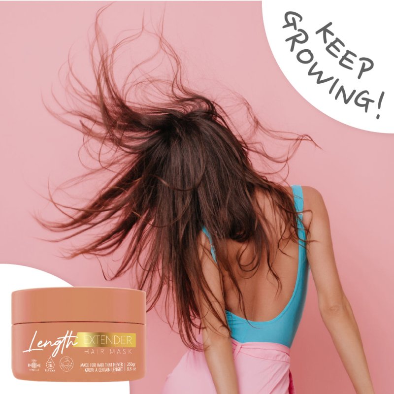 Length Extender Hair Mask 8.8 oz with a sleek design, showcasing its nourishing ingredients for hair growth and repair.