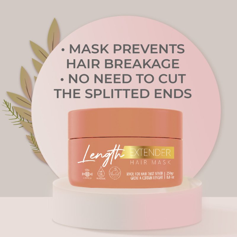 Length Extender Hair Mask 8.8 oz with a sleek design, showcasing its nourishing ingredients for hair growth and repair.