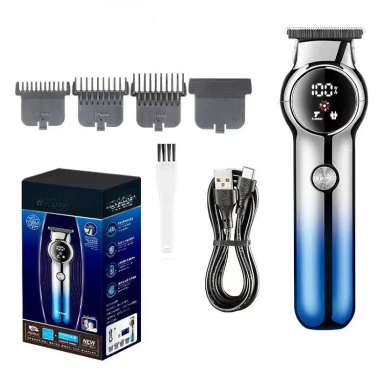 Cordless Detailer Trimmer with a sleek blue gradient body, ultra-thin tool head, and digital display for professional grooming.