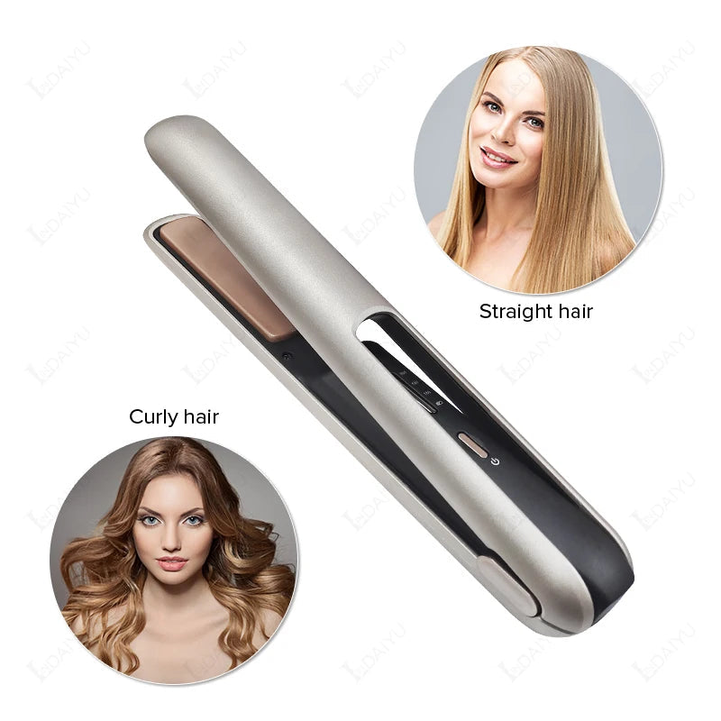 Cordless Hair Straightener Mini Portable Wireless Curler USB with sleek design and compact size for easy travel and styling.