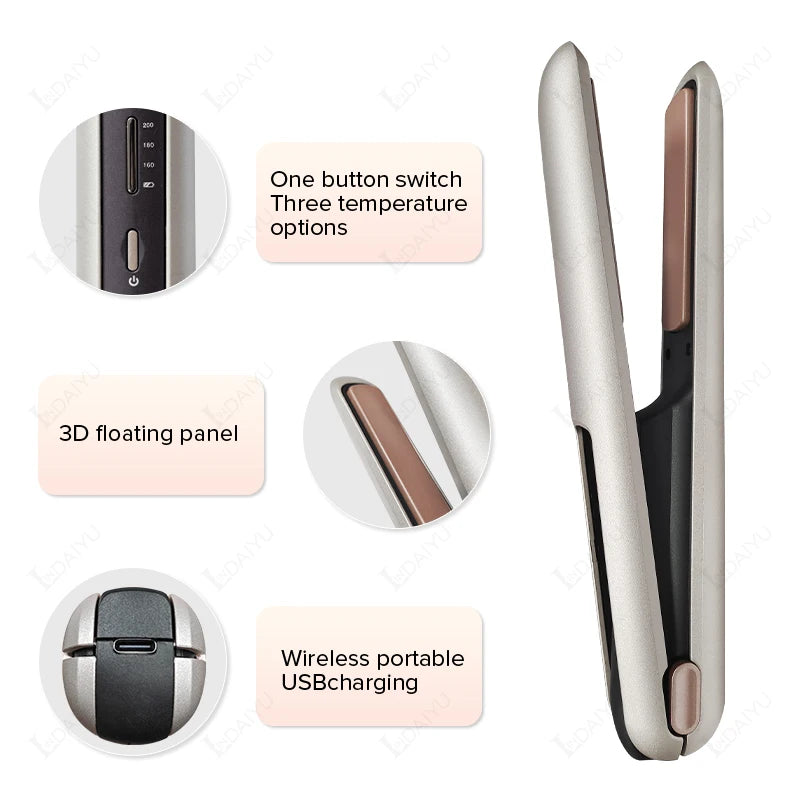 Cordless Hair Straightener Mini Portable Wireless Curler USB with sleek design and compact size for easy travel and styling.