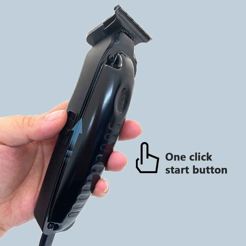 Cordless Hair Trimmer with a sleek black design, featuring a T-blade and limit combs for versatile grooming.