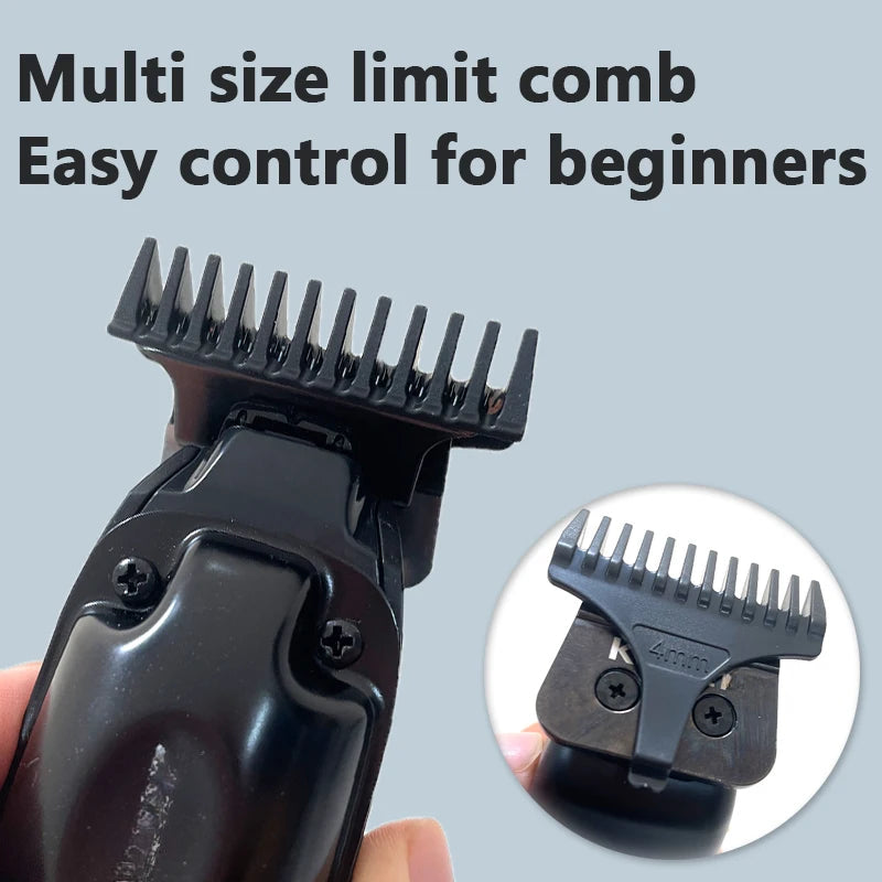 Cordless Hair Trimmer with a sleek black design, featuring a T-blade and limit combs for versatile grooming.