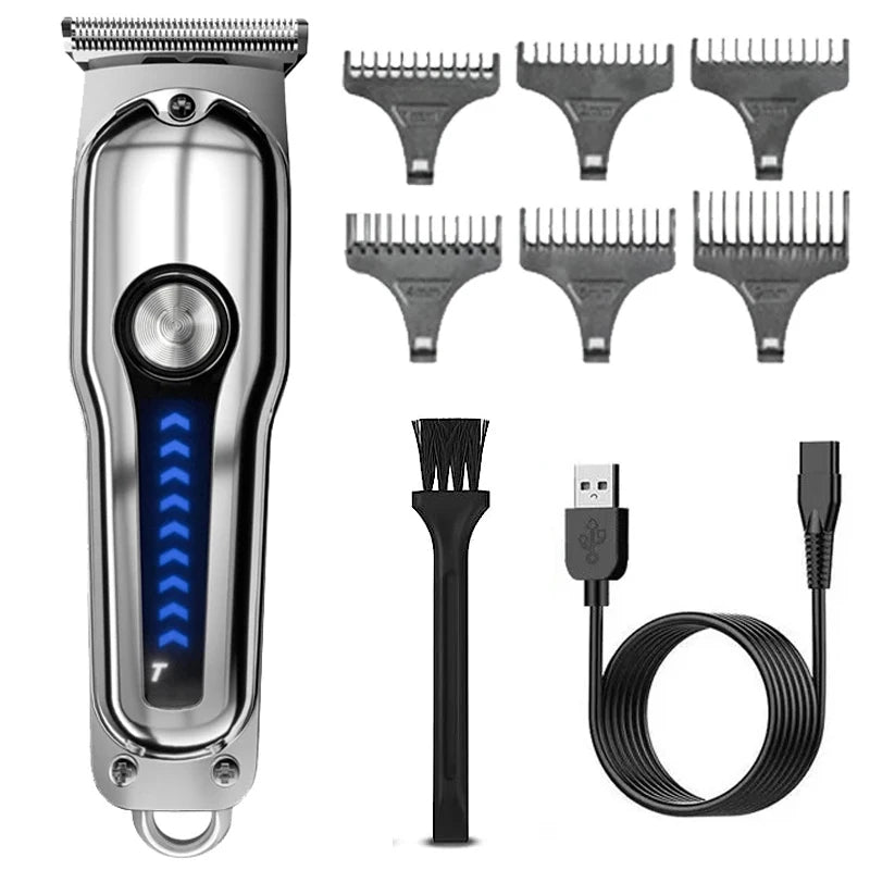 Cordless Hair Trimmer Mini Hair Cutting Kit with 6 guide combs, showcasing its sleek design and accessories.