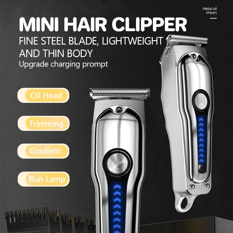 Cordless Hair Trimmer Mini Hair Cutting Kit with 6 guide combs, showcasing its sleek design and accessories.