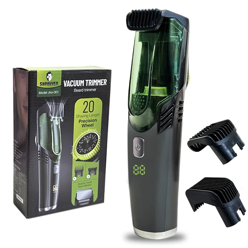 Cordless Men Beard Trimmer with stainless steel blades and vacuum feature, showcasing its compact design and adjustable comb attachments.