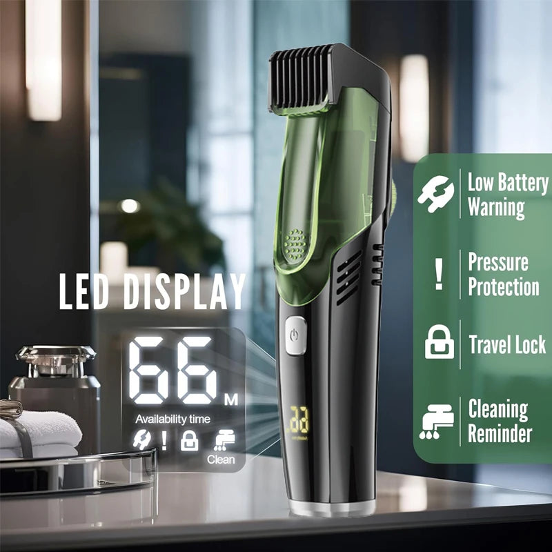 Cordless Men Beard Trimmer with stainless steel blades and vacuum feature, showcasing its compact design and adjustable comb attachments.