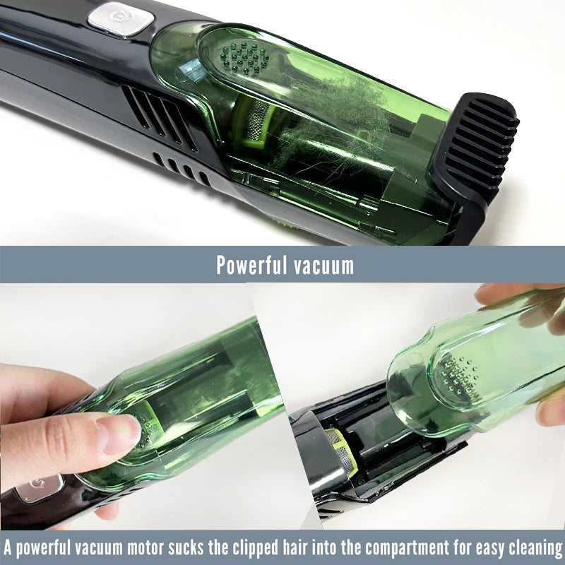 Cordless Men Beard Trimmer with stainless steel blades and vacuum feature, showcasing its compact design and adjustable comb attachments.