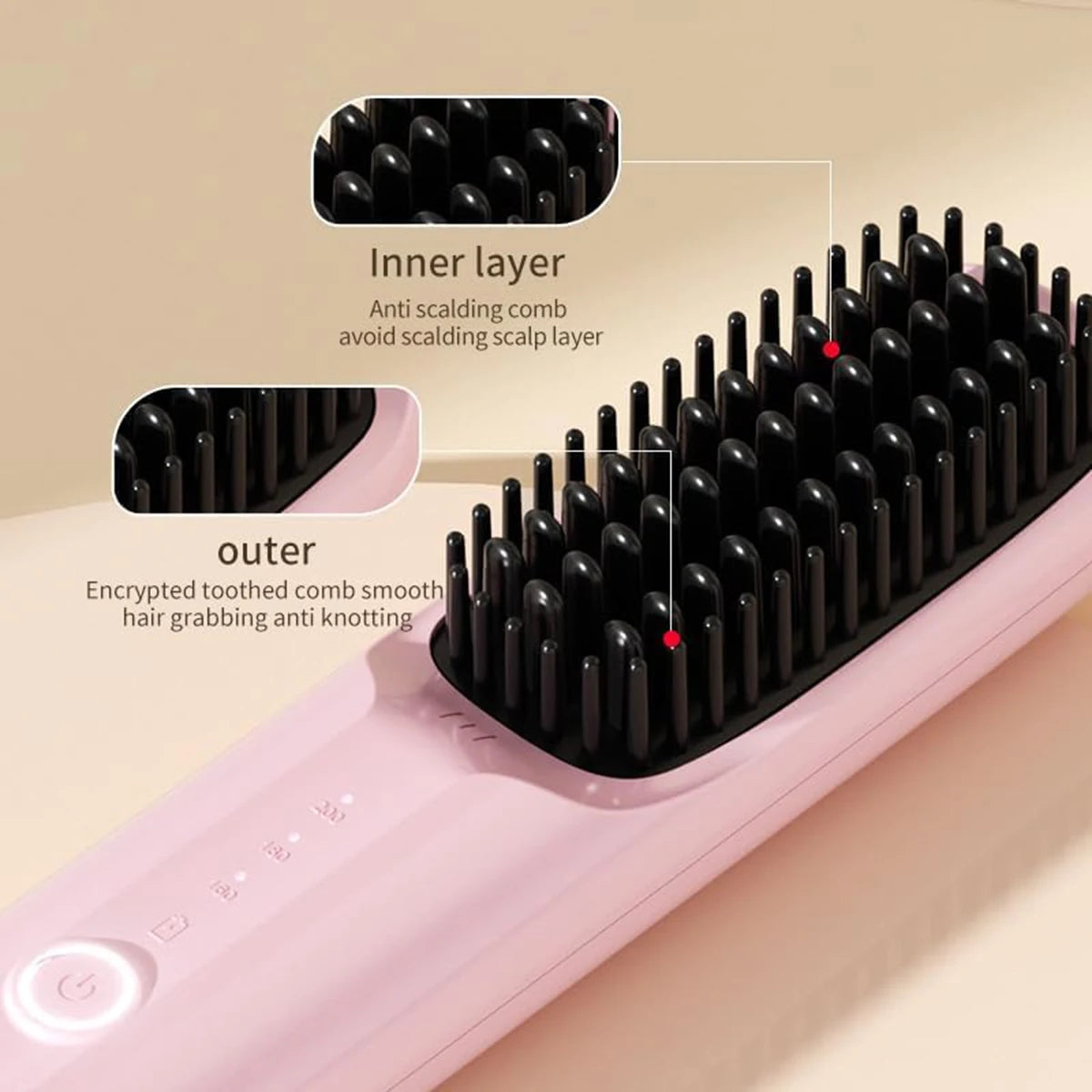 Cordless Straightener Brush designed for women, featuring a sleek ergonomic design and adjustable temperature settings for easy hair styling.