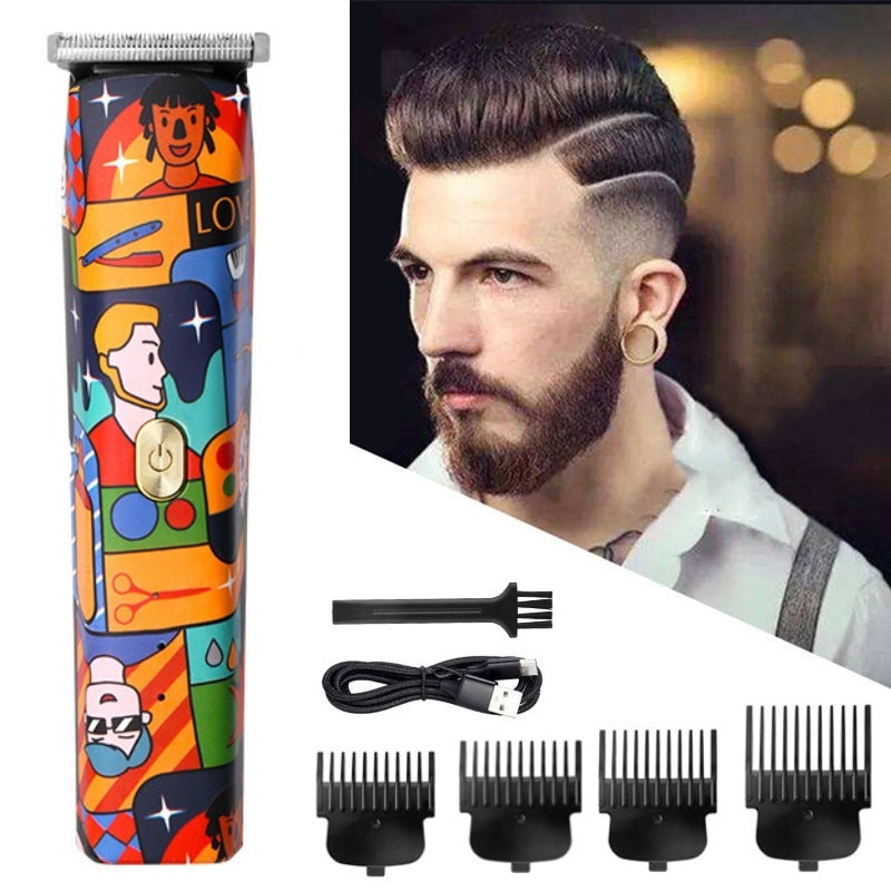 Cordless USB Graffiti Trimmer with stainless steel blades and limit combs for professional grooming.