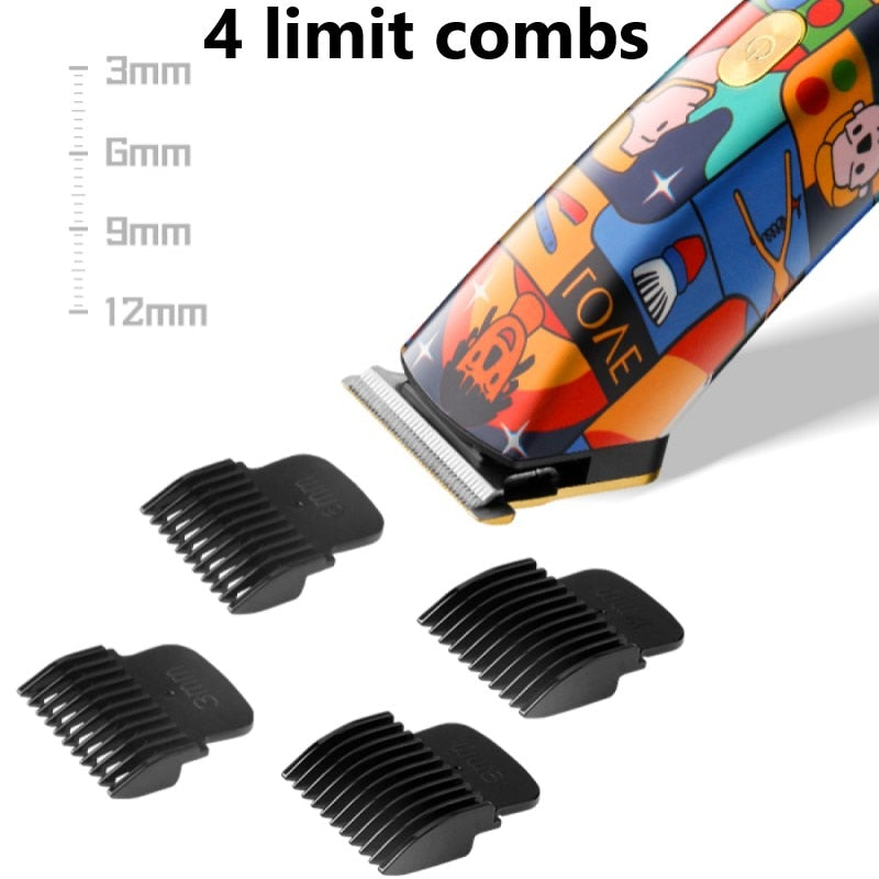 Cordless USB Graffiti Trimmer with stainless steel blades and limit combs for professional grooming.