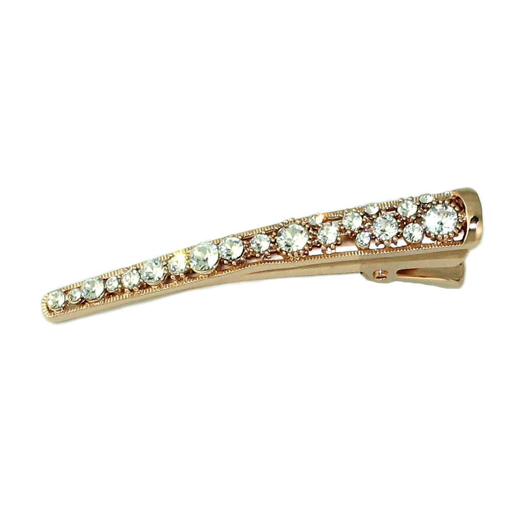 A luxurious Crystal Hair Clip featuring hand-set Swarovski crystals on a brass base, available in gold, rose gold, and rhodium plating.