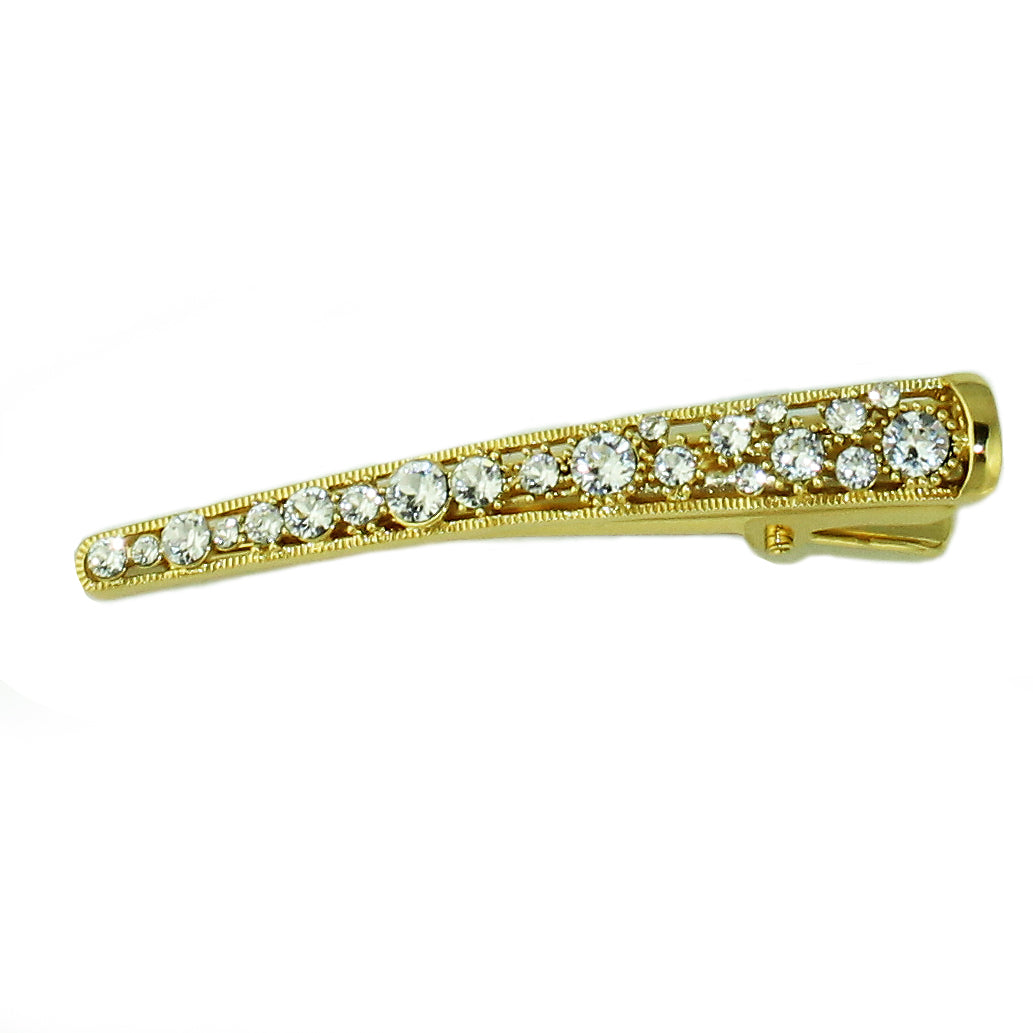 A luxurious Crystal Hair Clip featuring hand-set Swarovski crystals on a brass base, available in gold, rose gold, and rhodium plating.