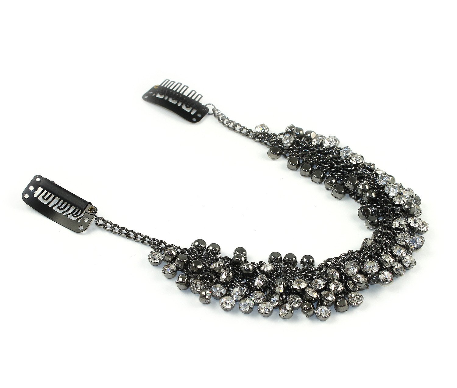 A beautiful Crystal Hair Grip featuring a dark silver tone chain and sparkling glass rhinestones, secured with black metal clamps.