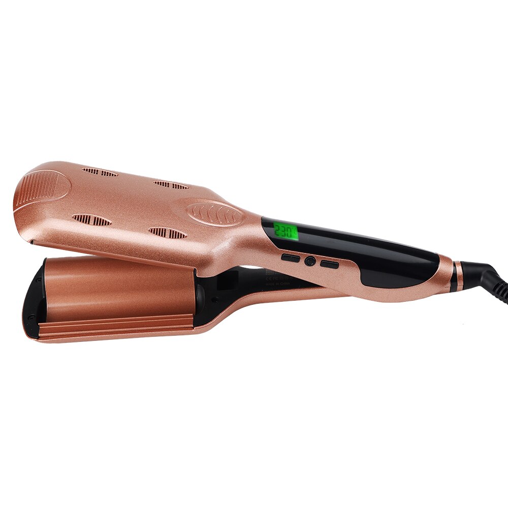 Professional ceramic triple barrel curling iron with adjustable temperature settings and ergonomic design for easy styling.