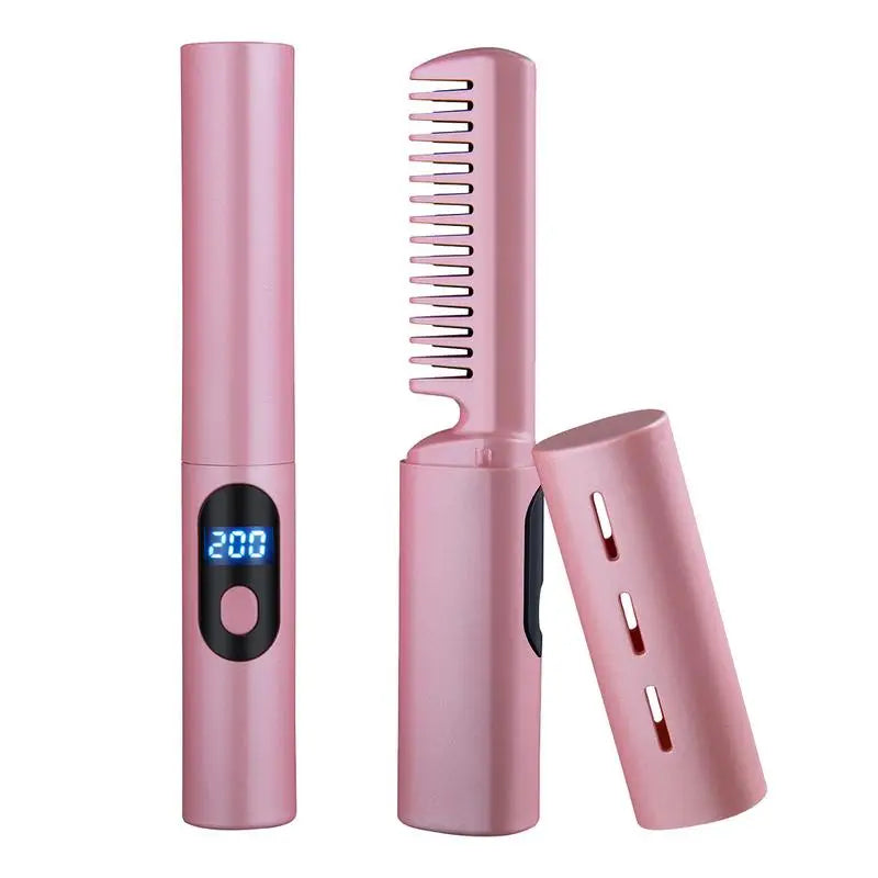 Cordless USB Charging Curly Hair Straightener Iron Comb in purple and pink, showcasing its sleek design and 3D brush teeth.