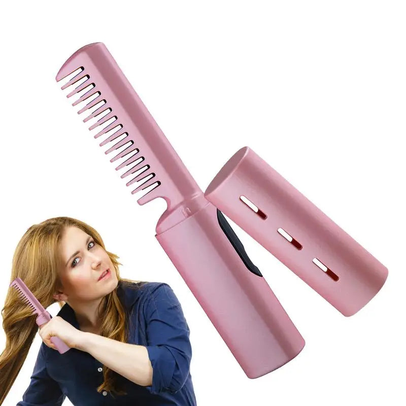 Cordless USB Charging Curly Hair Straightener Iron Comb in purple and pink, showcasing its sleek design and 3D brush teeth.