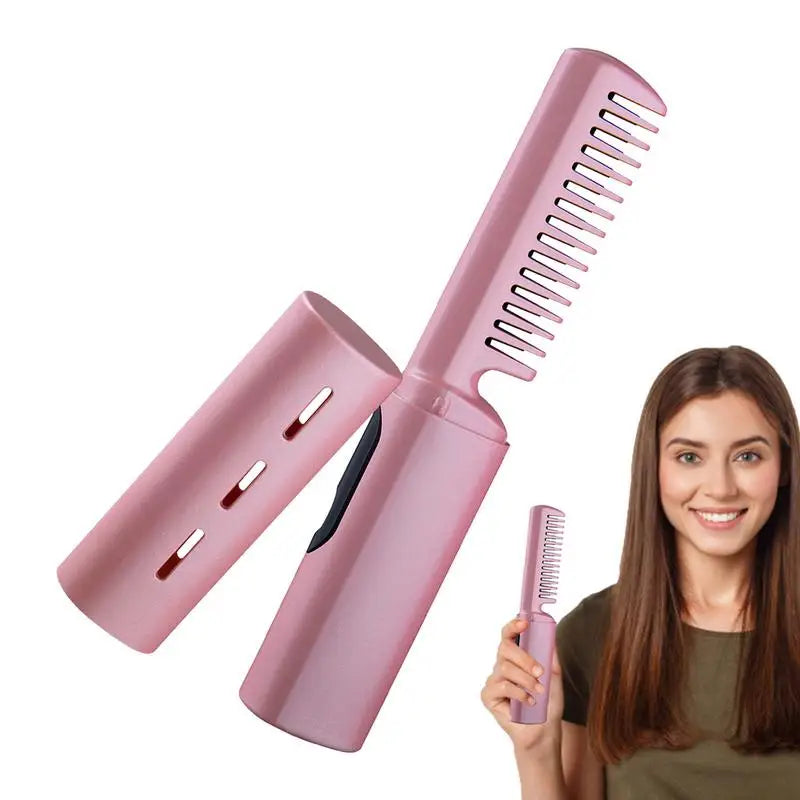 Cordless USB Charging Curly Hair Straightener Iron Comb in purple and pink, showcasing its sleek design and 3D brush teeth.