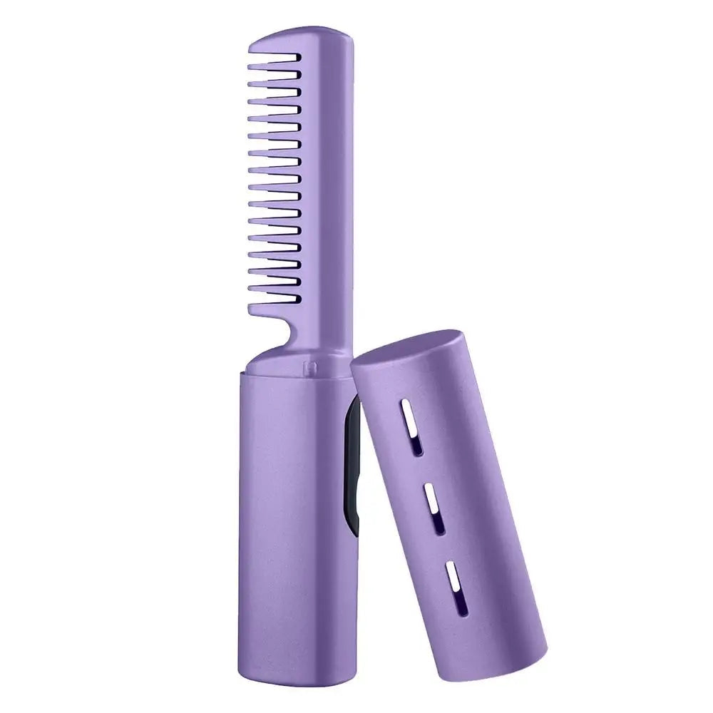 Cordless USB Charging Curly Hair Straightener Iron Comb in purple and pink, showcasing its sleek design and 3D brush teeth.