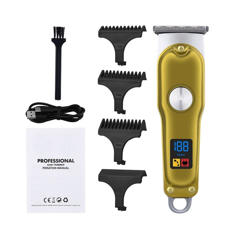 Digital Electric Hair Clippers with R-blade design, showcasing the sleek body and LCD display for battery capacity.