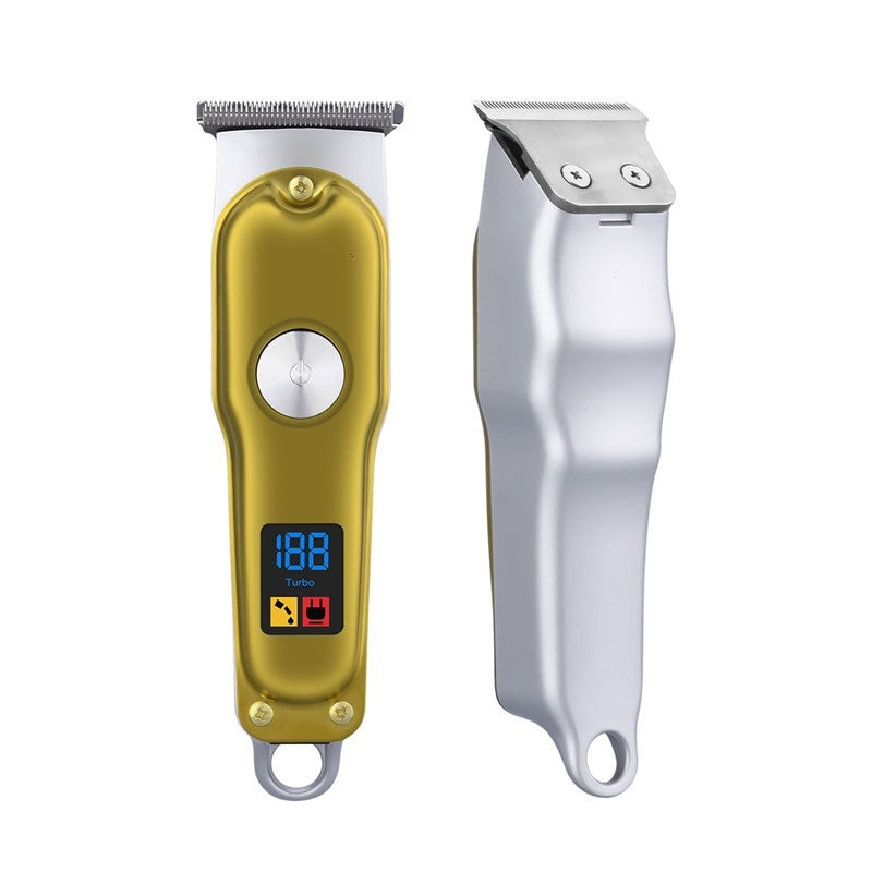 Digital Electric Hair Clippers with R-blade design, showcasing the sleek body and LCD display for battery capacity.