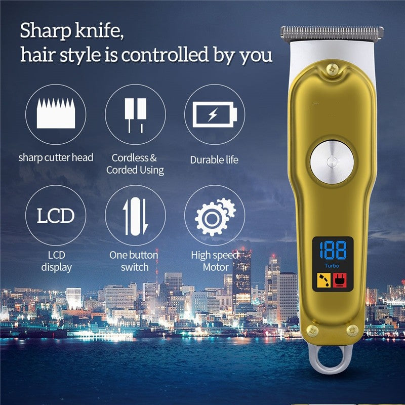 Digital Electric Hair Clippers with R-blade design, showcasing the sleek body and LCD display for battery capacity.